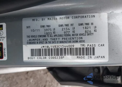 2012 Mazda Mazda3 I Touring from USA, damaged, VIN JM1BL1V83C1544009